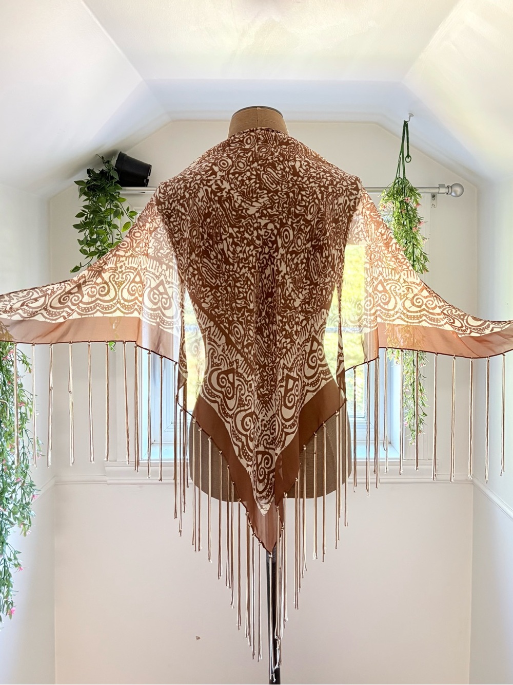 Brown Paisley Fringe Shawl - Lightweight Boho Wrap